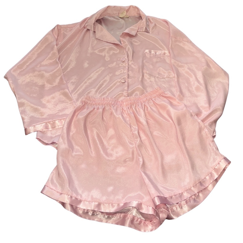 Victoria’s Secret Vintage Satin Pajama Set Pink Button Up Top & Shorts Sz Small